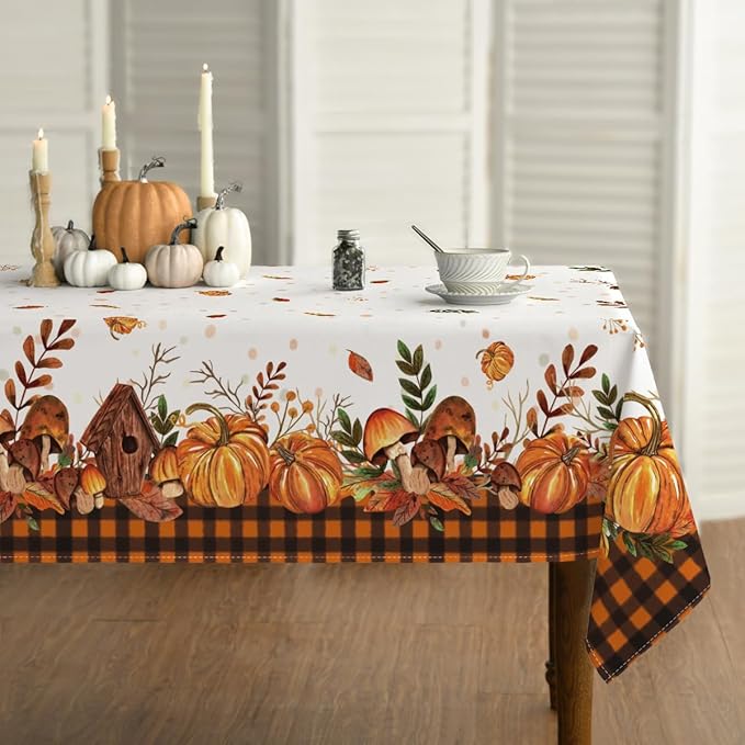 Horaldaily Fall Tablecloth 60x120 Inch Rectangular, Thanksgiving Autumn Harvest Pumpkin Mushroom Orange Buffalo Plaid Table Cover for Party Picnic Dinner Decor