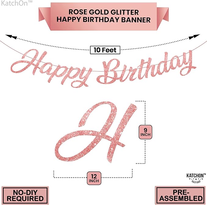KatchOn, Glitter Rose Gold Happy Birthday Banner - Pre-Strung No DIY, 10 Feet | Happy Birthday Sign | Rose Gold Birthday Decorations | Bday Banner for Women | Happy Birthday Decorations