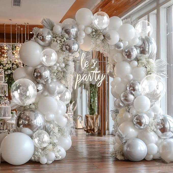 White Silver Balloon Garland Double Stuffed Clear Bobo White Pearl Balloon Arch Kit with Foil Balloons for Christmas New Year Birthday Wedding Baby Shower Anniversary Party Decorations