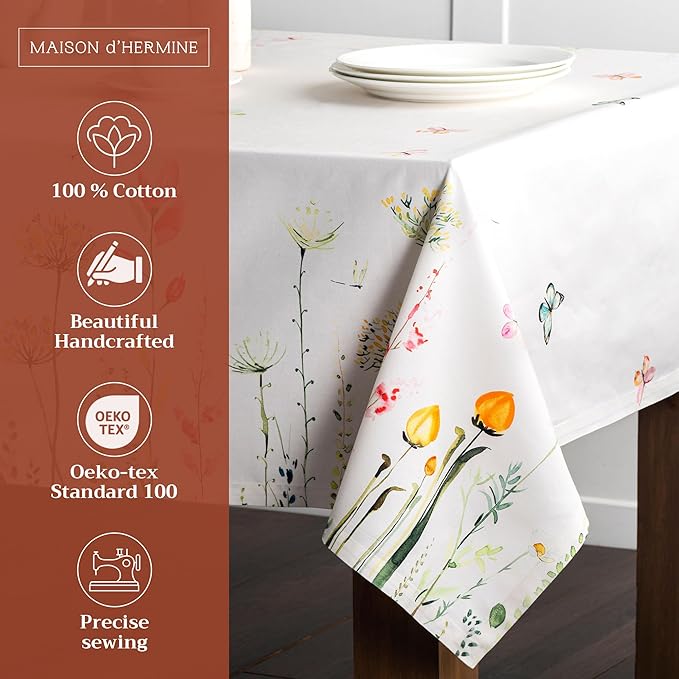 Maison d' Hermine Table Cloth Rectangle Table 100% Cotton 70 x 140 Inches Tablecloth Reusable Decorative for Dining Room, Farmhouse, Home, Party, Festive & Wedding Spring Summer - Botanical Fresh