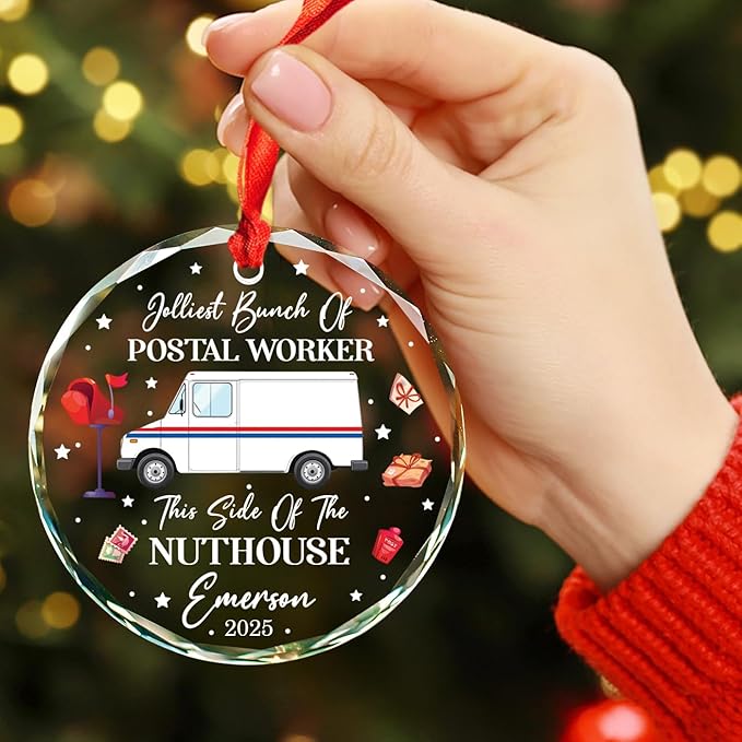 Jolliest Bunch of Postal Worker Christmas Ornaments, Gifts for Mail Carrier Service, Personalized Mail Truck Glass Ornament for Xmas Tree Decor, Postman Mailman Christmas Ornament Custom Name