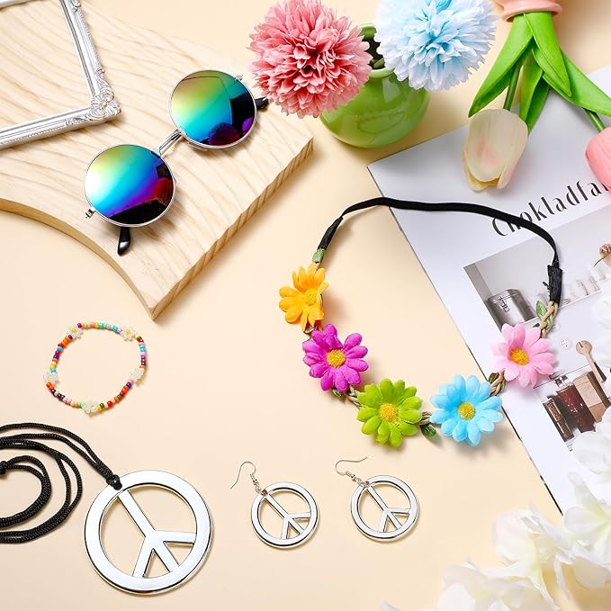 Batiyeer 6 Pcs Hippie Costume Accessories Set, Boho Peace Sign Daisy Flower 60s 70s Party Favors Decor for Groovy Party Women(Sliver)