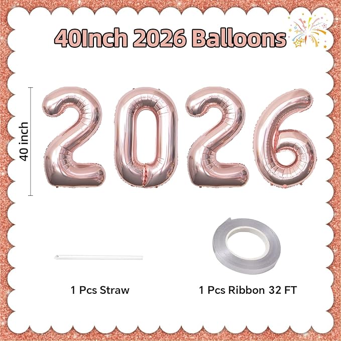 KALOR 42 Inch 2026 Rose Gold Foil Mylar Number Balloons, Giant 2026 New Years Decorations for 2026 Happy New Year Eve and Graduations Party Supplies