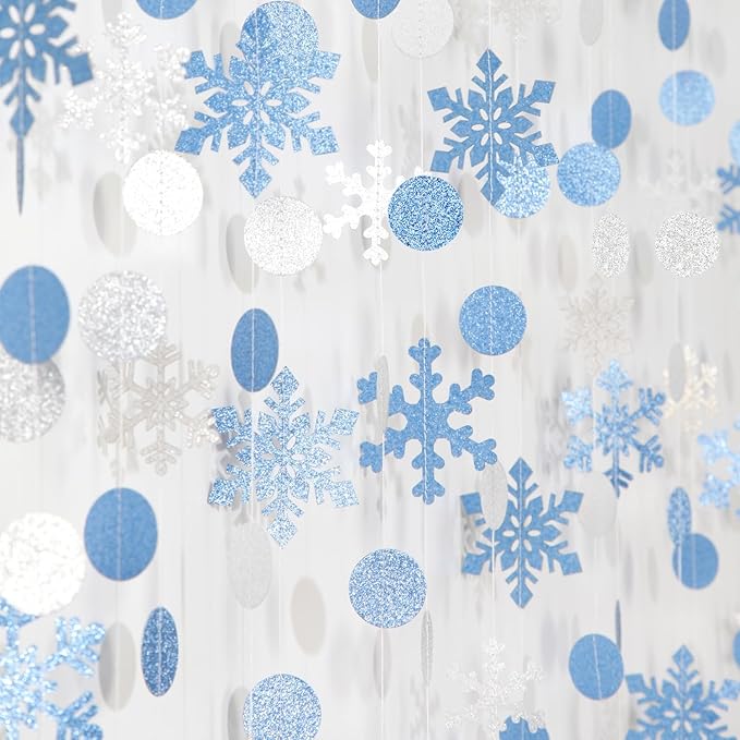 Snowflake-Snow Blue-Silver Christmas Party-Decoration Garland - 52Ft White Winter Wonderland Frozen Hanging Paper Streamers,Birthday New Year Baby Shower Supplies Classroom Decor Lasting Surprise