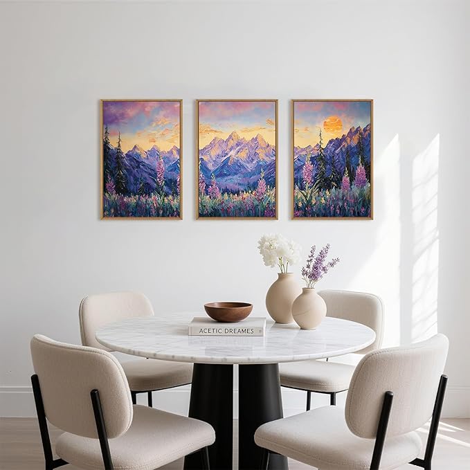 HOURIA Purple Sunset Mountain Landscape Framed Canvas Wall Art Set,Nature Pine Tree Wildflowers Wall Decor,Golden Sunlight Wall Painting,Modern Field Art Prints for Living Room, Bedroom-24 x36 x3