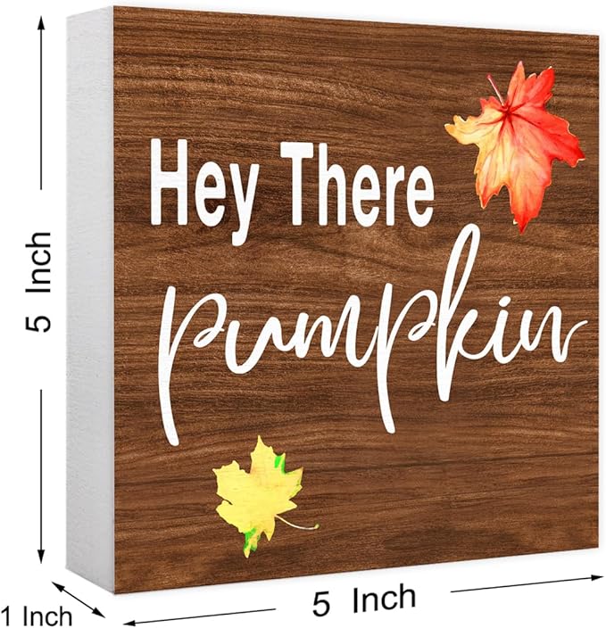 Funny Autumn Wood Box Sign Hey There Pimpkin Wooden Block Desk Decor for Home Office Kitchen Cubicle Table Shelf Tabletop,Farmhouse Fall Sign Decor