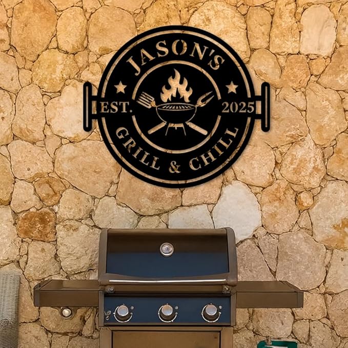 Custom Grill and Chill Metal Sign, Personalized BBQ Barbecue Plaque with Fire Pit and Utensils Design, Outdoor Patio Yard Wall Art, Rustic Backyard Bar Decor, Birthday, Christmas, Holiday Gift