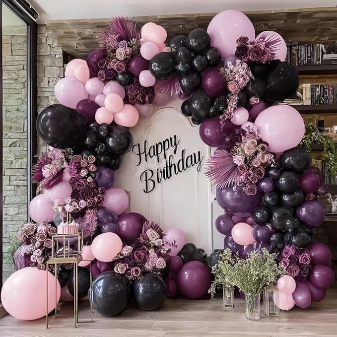 Black Pink Purple Balloons Double Stuffed Dark Plum Mauve Pink Pastel Lavender Lilac Balloon Garland Arch Kit for Wednesday Addams Halloween Birthday Baby Shower Wedding Goth Party Decorations
