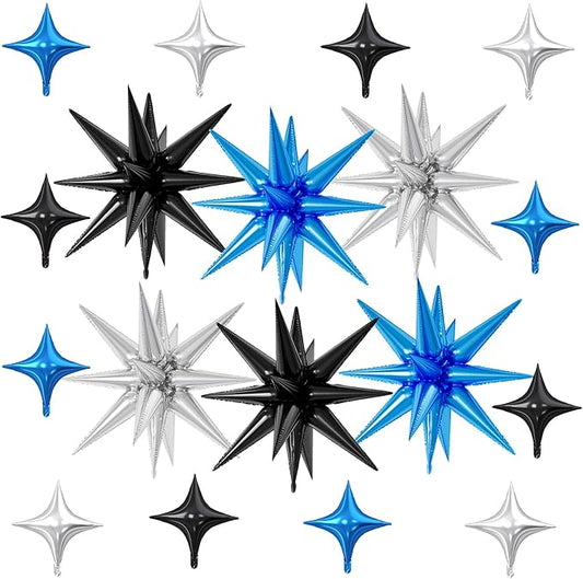 18 Pcs Black Blue Star Balloons, Silver Blue Black Balloon with 6 Pcs 22-Inch Explosion Star Balloons 12Pcs 10-Inch Four Pointed Stars Foil Balloon for Boys Baby Shower Birthday Party Decoration