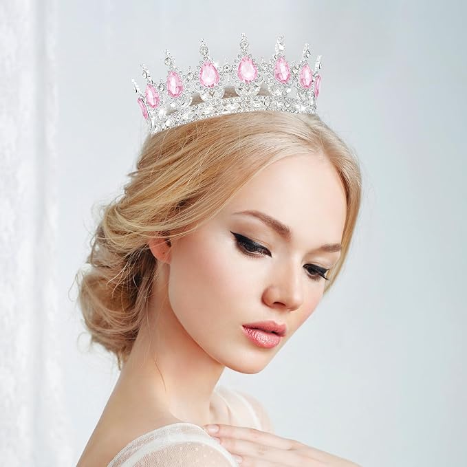 Queen Crown Rhinestone Wedding Tiaras for Women Costume Party Hair Accessories Princess Birthday Tiara Crystal Bridal Crown (Silver Pink-1)