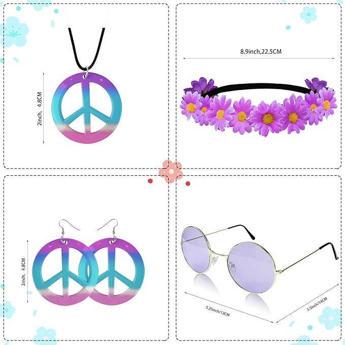 Hippie Costume Set Includes Peace Sign Necklace and Earring, Flower Crown Headband and Sunglasses 60s 70s Party Accessories