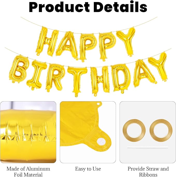 65 Pcs Gold Happy Birthday Balloons and 2 Sets A-Z Letters Foil Balloons, 16 Inch Personalized Name Happy Birthday Banners for Wedding Baby Shower Anniversary Party Decorations (Gold)
