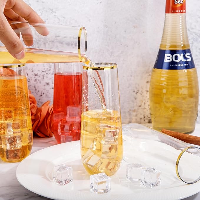 SUT 36PCS Stemless Plastic Champagne Flutes, 9 Oz Gold Rim Clear Plastic Toasting Glasses Shatterproof Cocktail Cups Mimosa Cups Stemless Glass Glasses Disposable for Wedding Parties & Shower