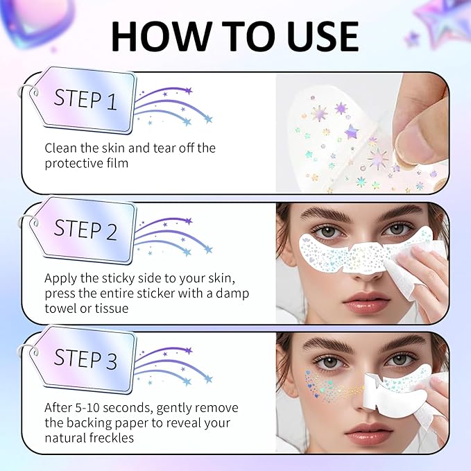 24PCS Holographic Glitter Freckles, Holographic Multichrome Fake Freckles Face Tattoo Long Lasting Glitter Makeup Patches for Halloween Christmas Party