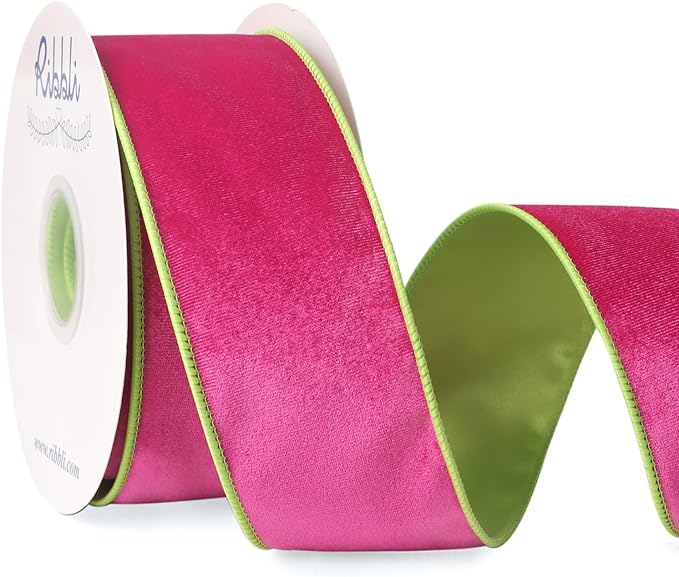 Ribbli Hot Pink Lime Green Velvet Wired Ribbon 2.5 Inch Velvet with Satin Christmas Ribbon for Gift Wrapping Christmas Tree Decoration Crafts Wreaths Supplies-Continuous 10 Yards