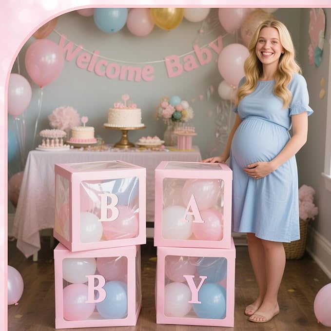Ledido Baby Boxes with Letters for Baby Shower Decorations, 4 pcs Clear Baby Balloon Boxes Blocks for Baby Shower Decor with Letters for Boy Girl Gender Reveal Decorations Backdrop Party (Pink)