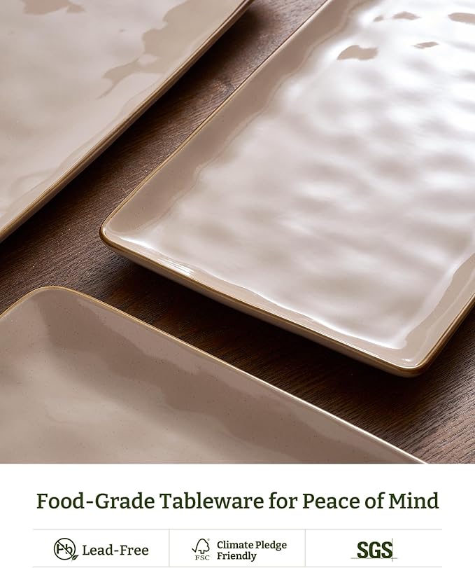 famiware Serving Platter, Rectangular 15.67/14.1/12.6 inch Serving Dishes for Entertaining, Microwave Dishwasher Safe, Stonware Serving Trays for Party, Turkey, Cheese, Ocean Series, Cinnamon Brown