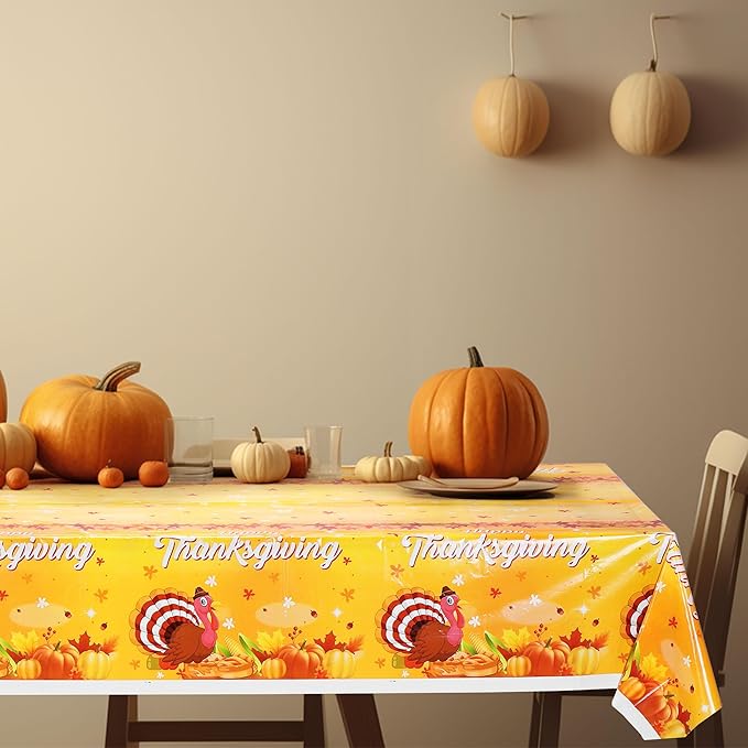 Mornajina 4 Packs 108 x 54 Inch Thanksgiving Fall Tablecloth - Plastic Autumn Maple Leave Pumpkin Table Cover for Party Decoration