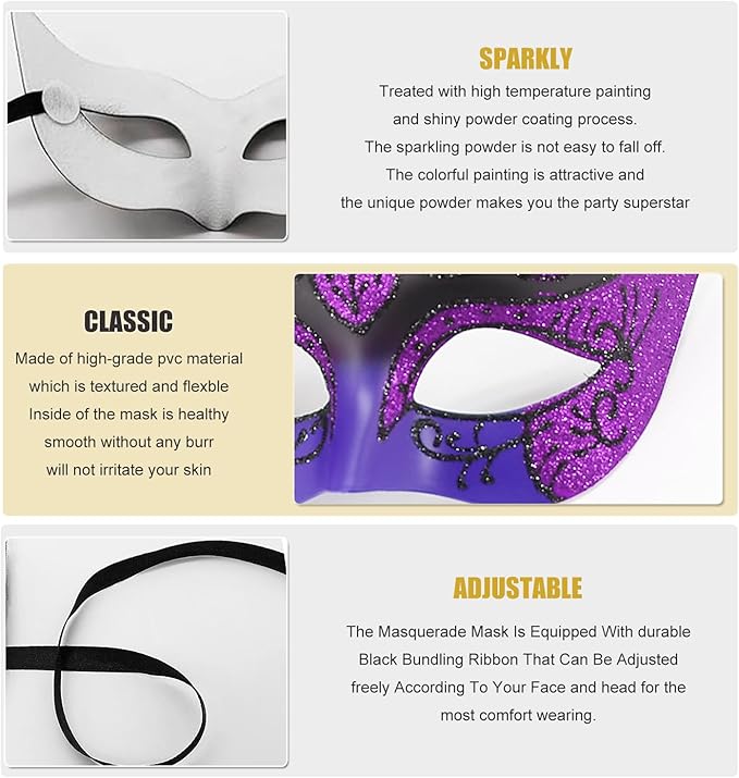 Masquerade Mask for Women Shiny Venetian Mask for Halloween Mardi Gras Costume Party Ball with Feather flower dec.