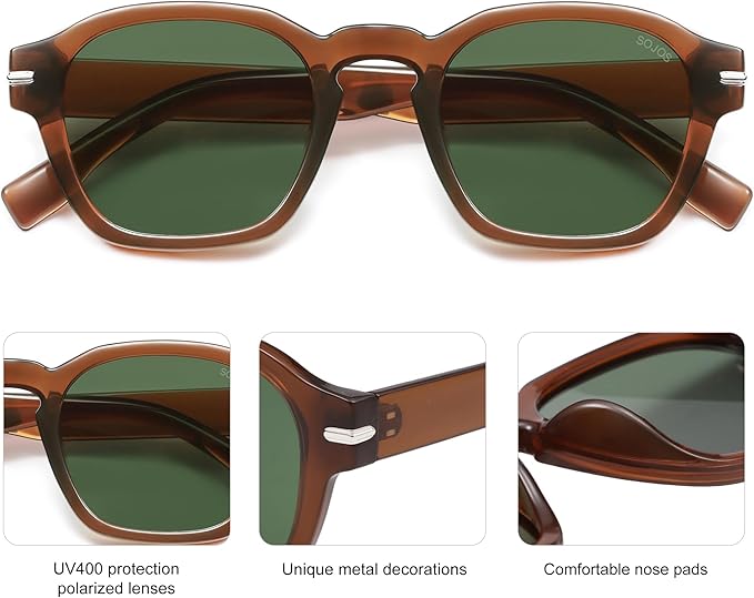 SOJOS Vintage Retro Square Polarized Sunglasses Men Standard Fit Trendy Womens Sun Glasses SJ2382