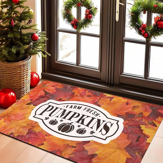 Fall Welcome Maple Leafs Decorative Door Mat, Autumn Thanksgiving Doormat for Indoor Outdoor Entrance Floor Mats,Fall Pumpkins Non Slip Harvest Vintage Decor Rubber Welcome Mats 30" x 18" Inch
