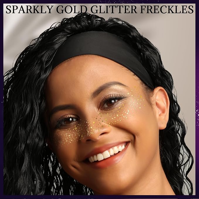 Teenitor Face Gems and Face Glitter Freckles Kit, 4pcs Gold Sparkle Freckles Face Tattoo and 3pcs Face Rhinestones for Makeup, Face Glitter Tattoos, Rhinestone Face Jewels for Women