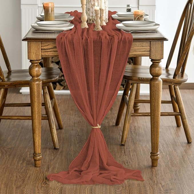 Artoid Mode Boho Terracotta Gauze 6 Pieces Wedding Table Runner, 120 Inch Birthday Fabric Kitchen Dining Holiday Table Decor for Home Party Indoor
