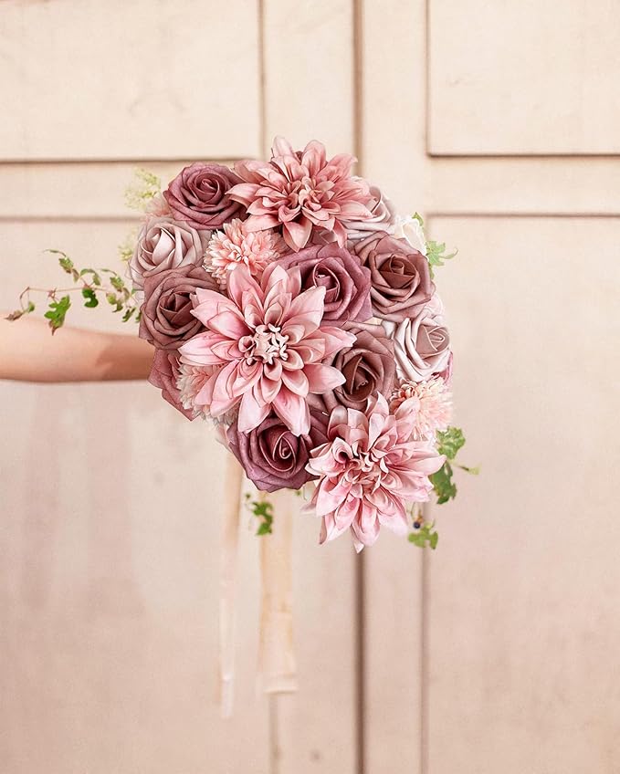 Dusty Roses Artificial Flowers Pink Fake Flower Bulk for DIY Wedding Bouquet Bridal Baby Shower Centerpiece Table Decorations Silk Faux Floral Arrangements for Party Home Decor Indoor