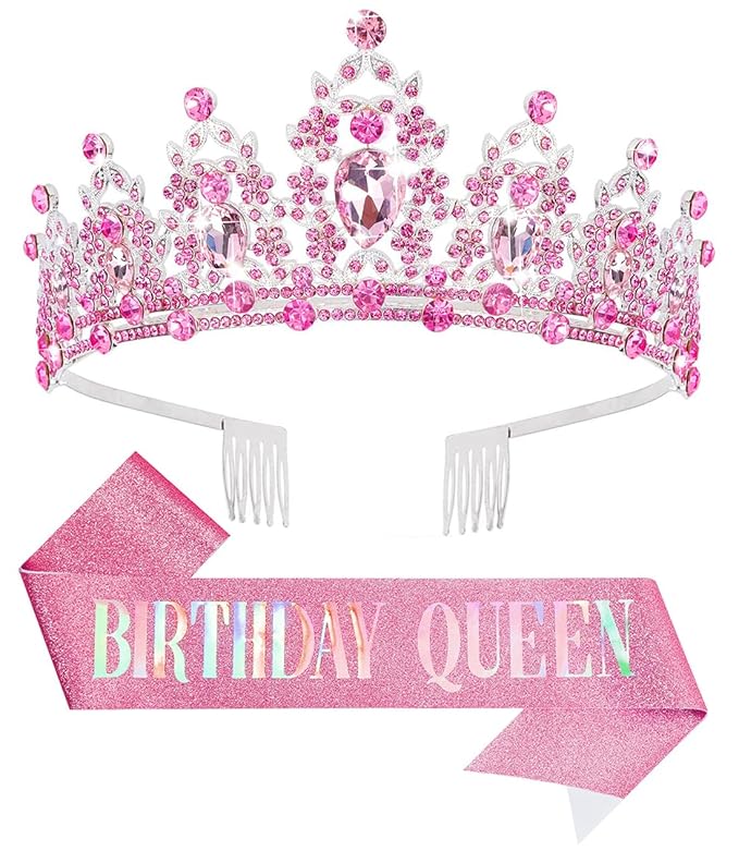 Birthday Tiara Crown with Sash for Women, Headband Hair Accessories for Wedding Party Costume (B-Pink)