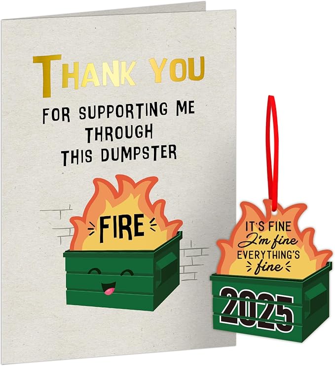Christmas Thank You Cards - Funny Dumpster Fire Ornament Im Fine Everything's Fine Ornaments for Christmas Tree Decoration Xmas Gifts for Friends, Family, Coworker (Gold Foil, Envelope Included)