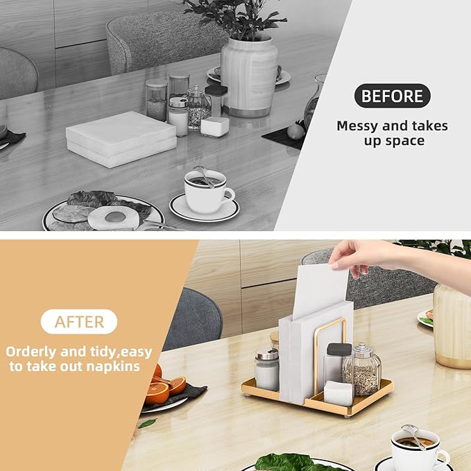 Gold Napkin Holder for Table, Metal Napkin Storage with Salt and Pepper Shakers Caddy for Dining Table Decor