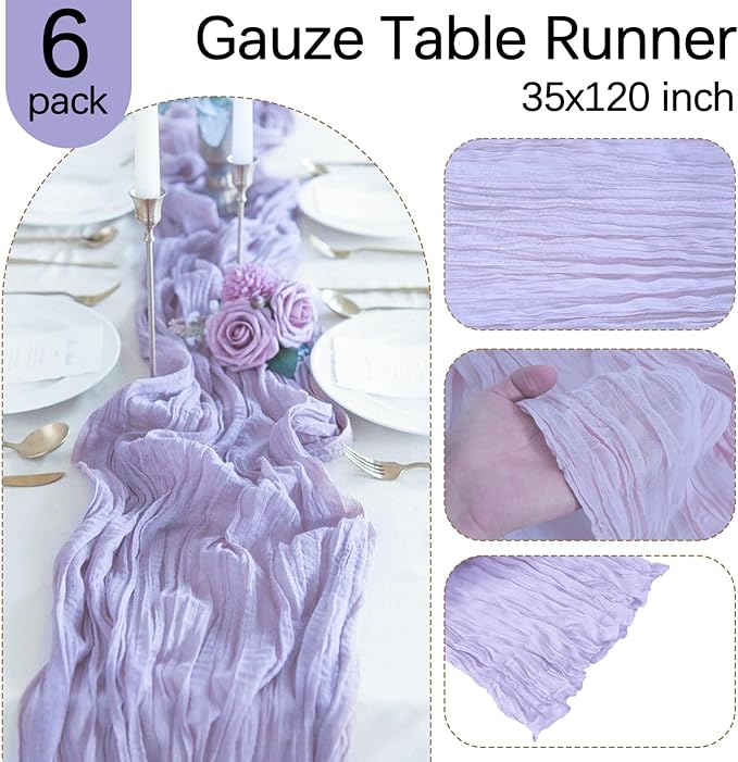 6 Pack Lavender Cheesecloth Table Runner 10FT Boho Gauze Fabric Table Runner 35 x 120 Inch Rustic Sheer Runner for Centerpiece Wedding Decor Baby Shower Party Boho Table Decoration
