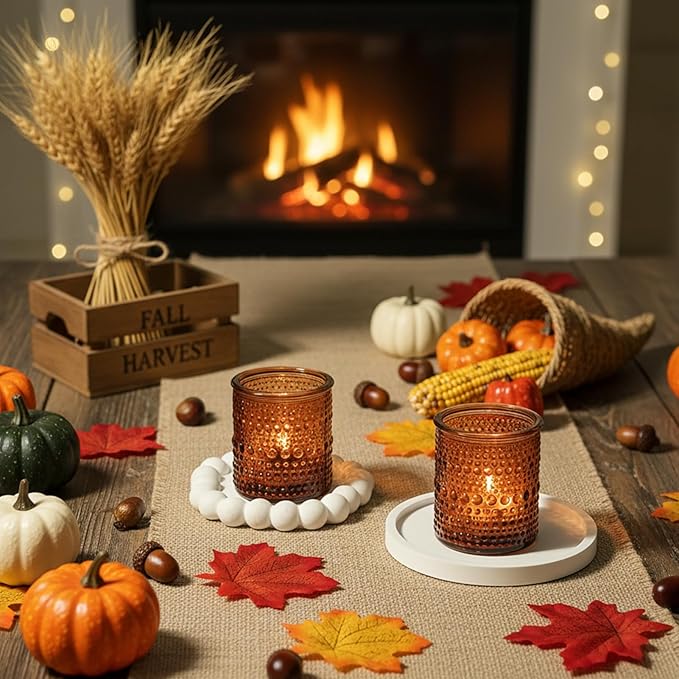 36pcs Amber Votive Candle Holders for Fall Decor, Glass Small Tea Lights Candle Holders for Table Centerpiece for Home Decor Party Fall Boho Decor (Amber)