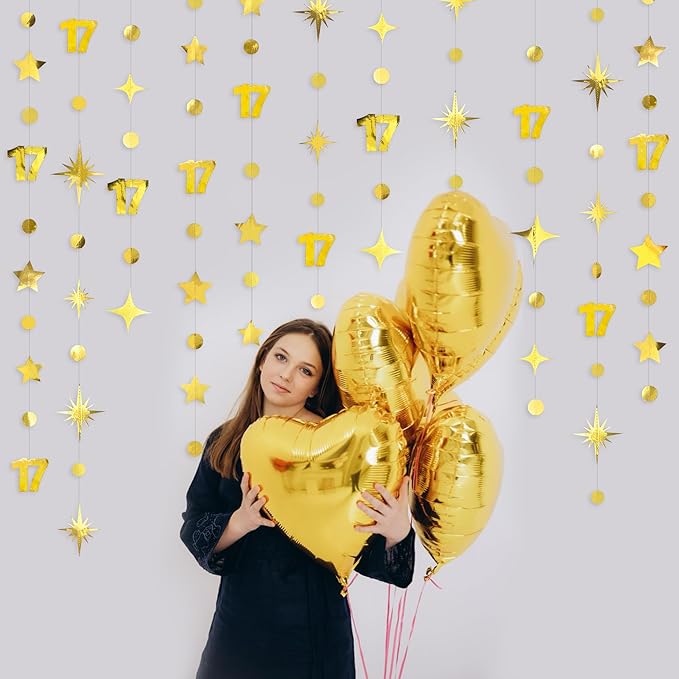Gold 17th Birthday Decorations Number 17 Circle Dot Star Garland Streamer Bunting Banner Backdrop for Girls Boys Seventeen Years Old Bday Cheers to 17 Years Happy 17th Anniversary Party Supplies
