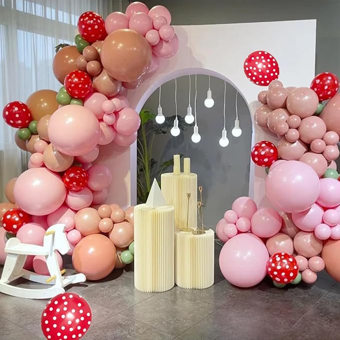 Strawberry Balloons Garland Arch Kit, 156Pcs Berry Sweet Tender Pink Red Dark Green White Balloons for Fruit Themed Birthday Party Baby Shower Decorations