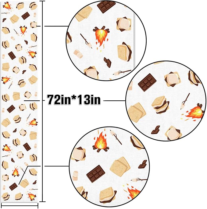 S'Mores Table Runner Bonfire Camping Party Decoration Dessert Birthday Dining Room Home Kitchen Table Decor (13" x 72")