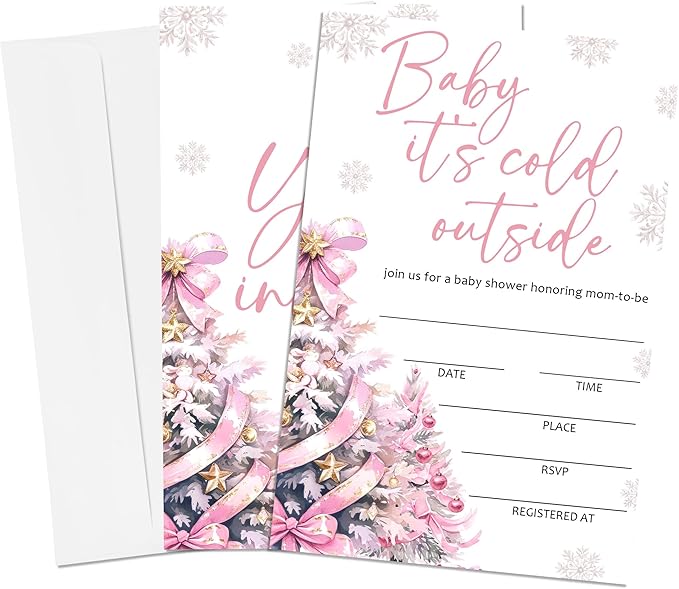 4'' x 6'' Baby It's Cold Outside Baby Shower Invitations - 25 Pink Bow Tree Invited Cards with Envelopes - Winter Announcement Invites for Girls, Gender Reveal Party Supplies & Decor -A05