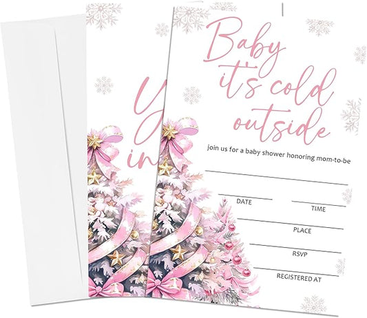 4'' x 6'' Baby It's Cold Outside Baby Shower Invitations - 25 Pink Bow Tree Invited Cards with Envelopes - Winter Announcement Invites for Girls, Gender Reveal Party Supplies & Decor -A05