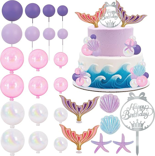 BEISHIDA 27pcs Mermaid Theme Birthday Cake Decorations 3D Tails, Silver Happy Birthday Cake Topper, Seashells & Starfish for Under The Sea Decorations Ocean Mermaid Party for Girls