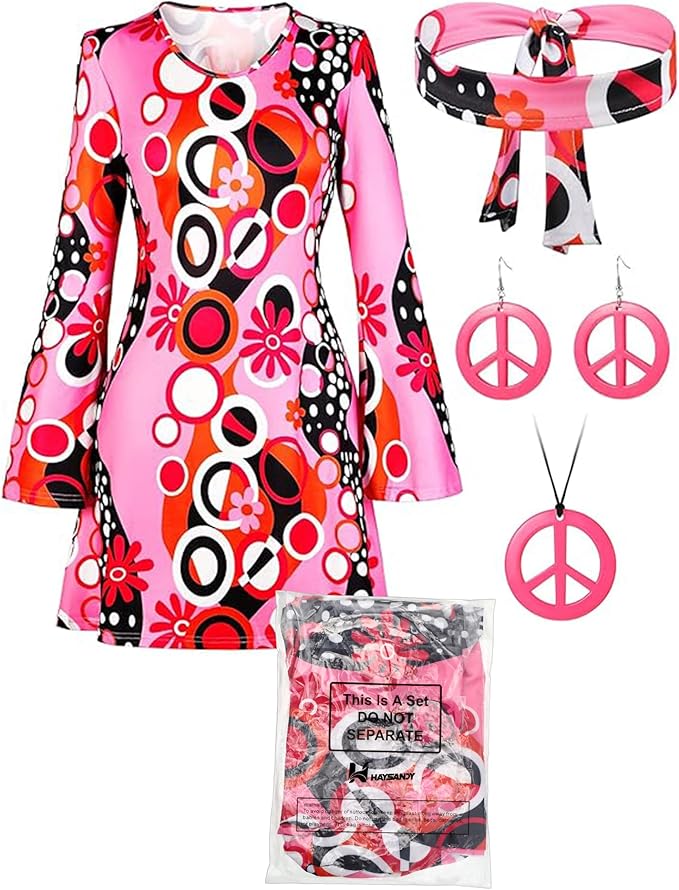 Haysandy 70s 60s Hippie Costume Set Women Disco Outfit Accessories for Halloween Carnival Earrings Necklace Headband