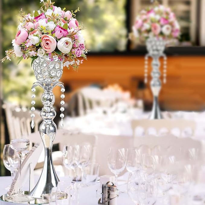 2Pcs Silver Crystal Metal Vase Set - Tulip & Trumpet Wedding Centerpieces, Artificial Flower Arrangement Vases for Home Decor, Restaurant Table Displays