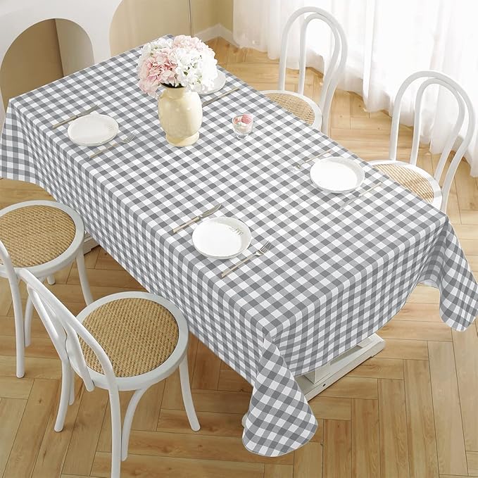 Buffalo Plaid Vinyl Tablecloth with Flannel Backing Rectangle 52 x 70 Inch, Waterproof & Anti Slip Checkered Table Cloth, Plastic Table Cover for Dining, Party, Indoor, Outdoor, Grey and White