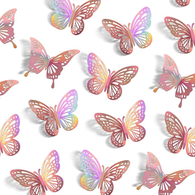Laser Rose Gold Butterfly Wall Decor, 48Pcs Removable Graduation Grad Cap Decorations Cake Cupcake Toppers, 2 Styles 3 Sizes Paper Butterflies Stickers for Birtthday Party Baby Shower Girl Room Decals