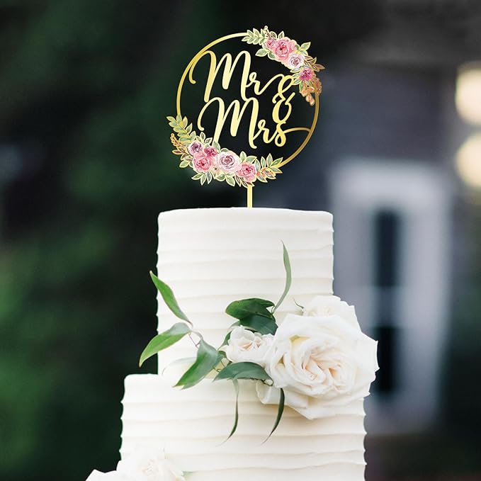 Mr & Mrs Cake Topper Gold Acrylic Wedding Cake Topper Floral Cake Decoration (Design 01)