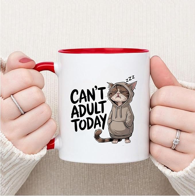 Can't Adult Today Funny Cat Two-Tone Accent Ceramic Mugs, Sarcastic Drinking Cups, 11oz 15oz, Gifts
