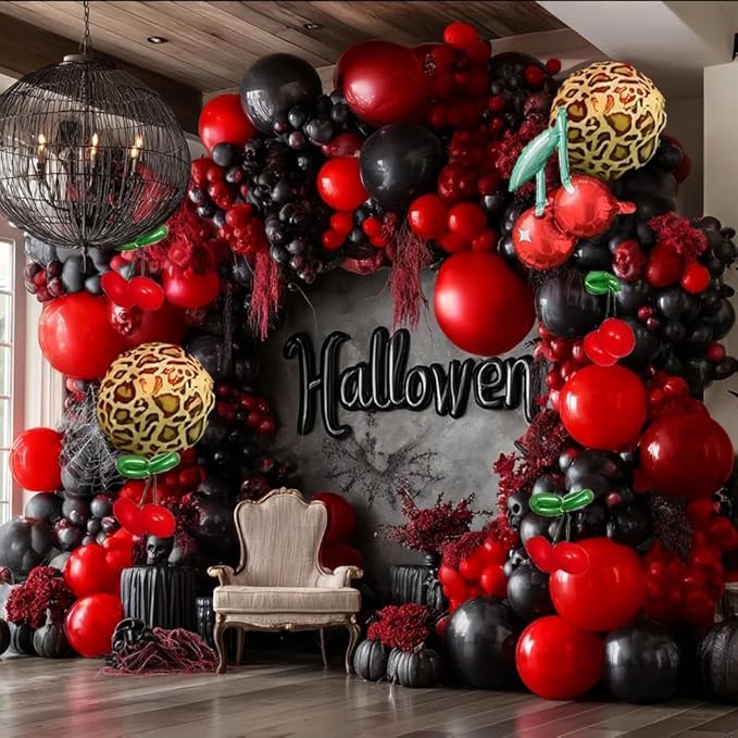 Red Black Balloon Arch Kit, Double Stuffed Black Burgundy Ruby Red Balloon Garland Foil Cheetah Print Balloons for Cherry Birthday Bachelorette Baby Shower Halloween Party Decorations
