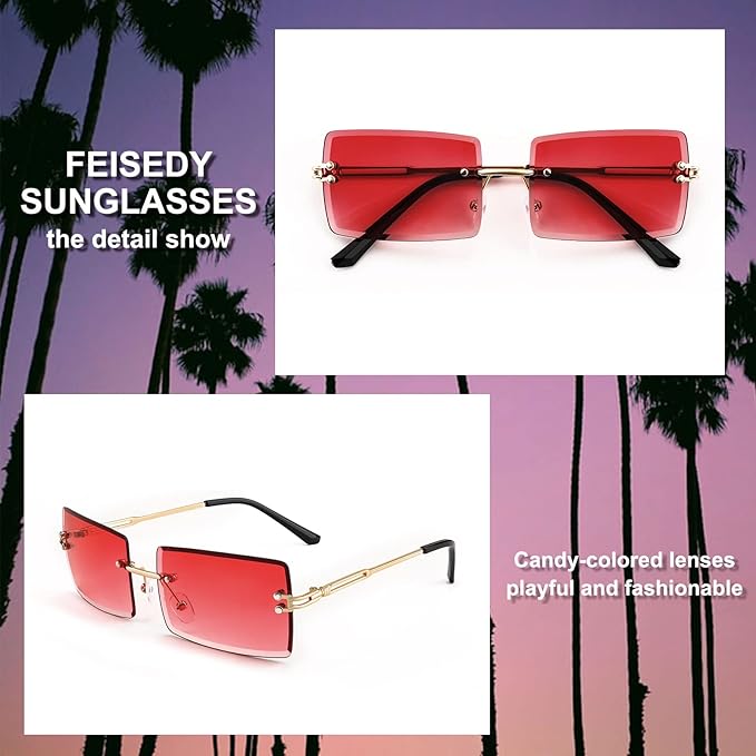 FEISEDY Vintage Rimless Sunglasses Rectangle Frameless Candy Color Glasses Women Men B2642