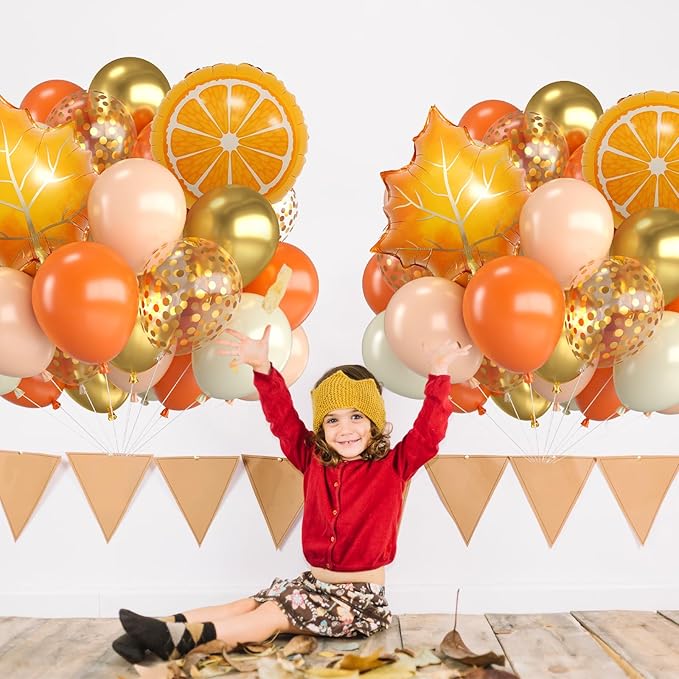 Fall Balloons,12 Inch Pastel Orange White and Gold Confetti Balloons with Leaf Citrus Foil Balloon for Fall Baby Shower Autumn Birthday Wedding Halloween Thanksgiving Party Decorations