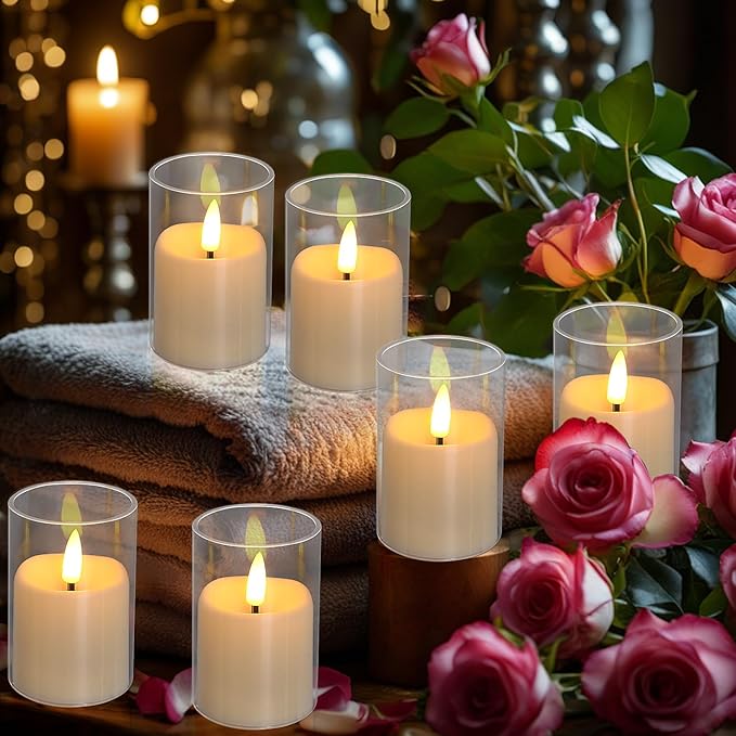 Flickering Flameless Candles, Realistic Glass LED Candles, 2"X3" Battery Operated Candles with Remote, Real Votive Electric Fake Pillar Candles for Festival Wedding Home Party Decor 6-Pack