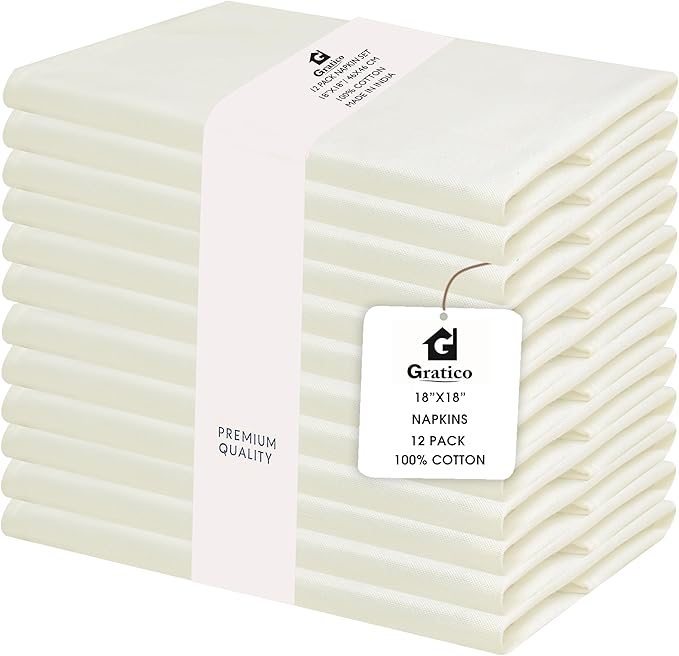 Cloth Dinner Napkins Ivory Set of 12 (18"X18") 100% Cotton Absorbent Durable Washable Reusable Ideal for Farmhouse Party Thanksgiving Fall Christmas Everyday Use Table Napkins